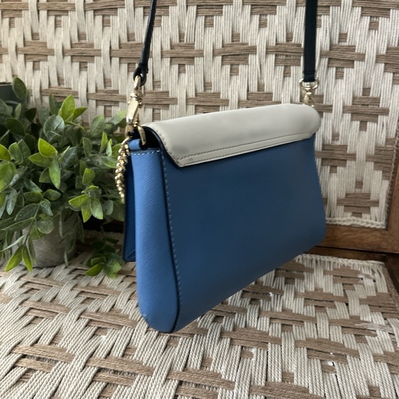 Kate Spade New York Saffiano Leather Flap Crossbody Blue Cream Gold Chain - Picture 7 of 7